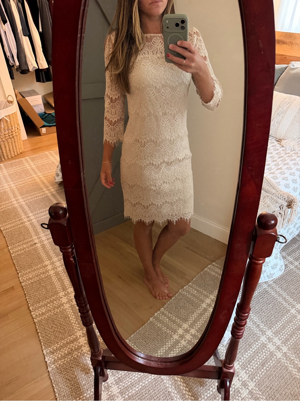 Wallis Cream Lace Sheath Dress with Three-Quarter Sleeves